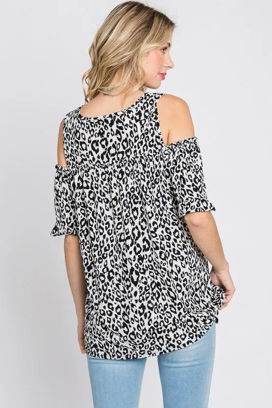 Heimish Full Size Leopard Round Neck Cold Shoulder T-Shirt Plus Size - Love Salve 