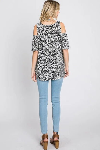 Heimish Full Size Leopard Round Neck Cold Shoulder T-Shirt Plus Size - Love Salve 