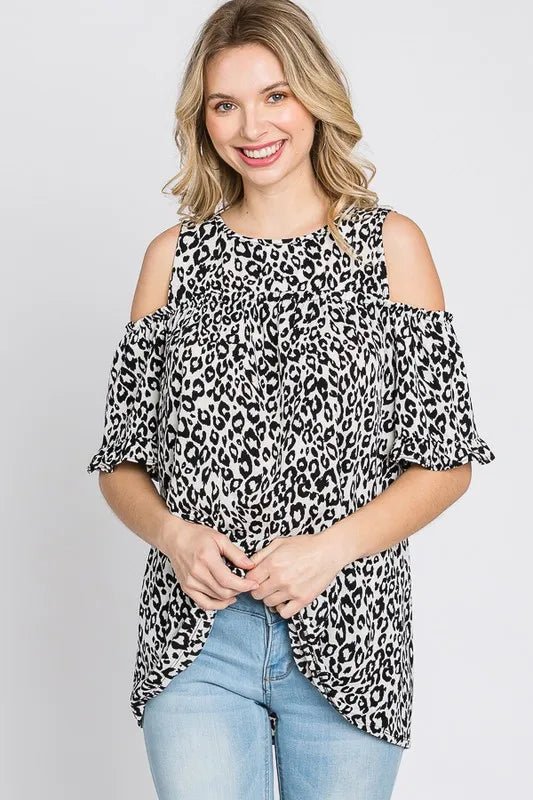 Heimish Full Size Leopard Round Neck Cold Shoulder T-Shirt Plus Size - Love Salve 