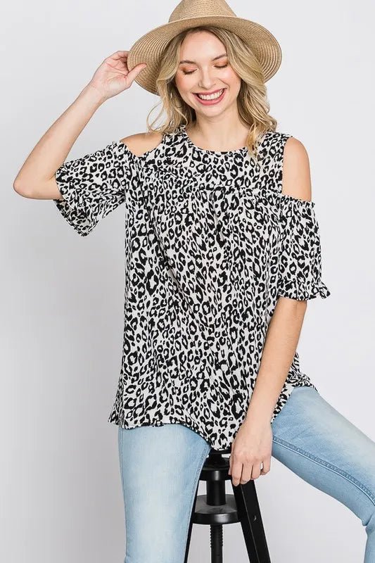 Heimish Full Size Leopard Round Neck Cold Shoulder T-Shirt Plus Size - Love Salve 