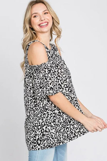 Heimish Full Size Leopard Round Neck Cold Shoulder T-Shirt Plus Size - Love Salve 