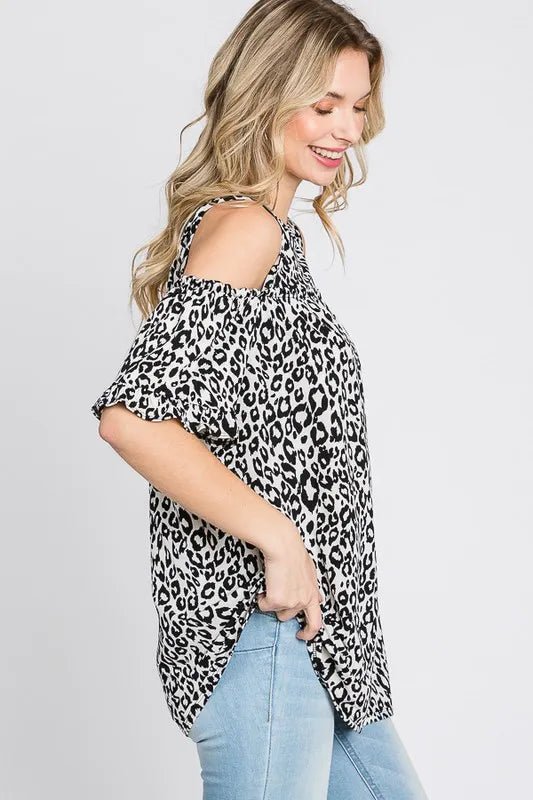Heimish Full Size Leopard Round Neck Cold Shoulder T-Shirt Plus Size - Love Salve 