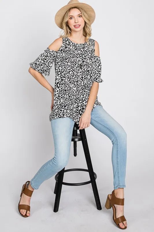 Heimish Full Size Leopard Round Neck Cold Shoulder T-Shirt Plus Size - Love Salve 