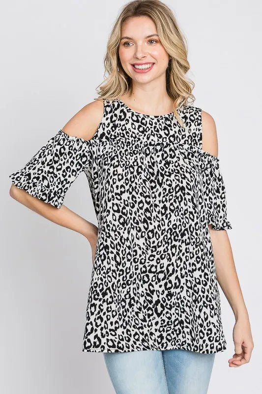 Heimish Full Size Leopard Round Neck Cold Shoulder T-Shirt Plus Size - Love Salve 