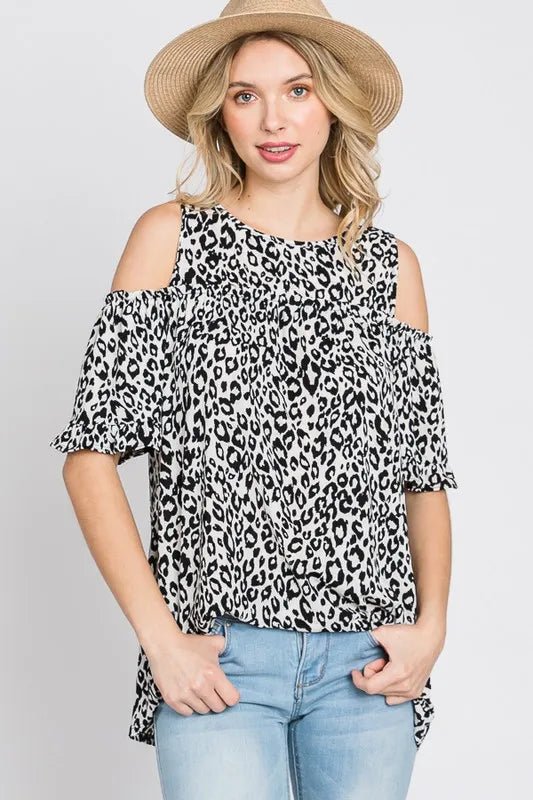 Heimish Full Size Leopard Round Neck Cold Shoulder T-Shirt Plus Size - Love Salve 