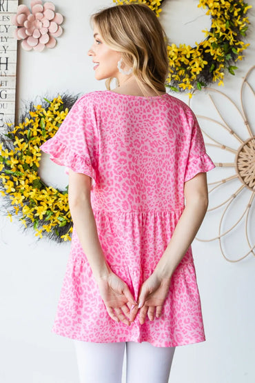 Heimish Full Size Leopard Ruffle Trim Short Sleeve Top - Love Salve 