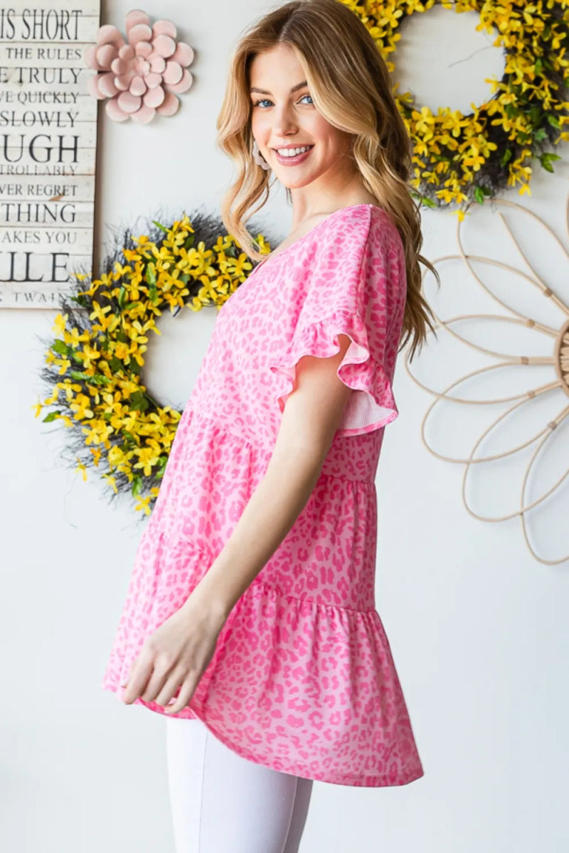 Heimish Full Size Leopard Ruffle Trim Short Sleeve Top - Love Salve 