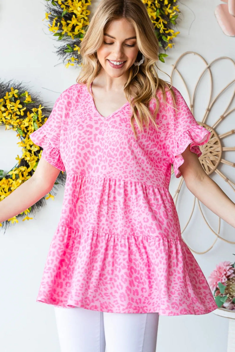 Heimish Full Size Leopard Ruffle Trim Short Sleeve Top - Love Salve 