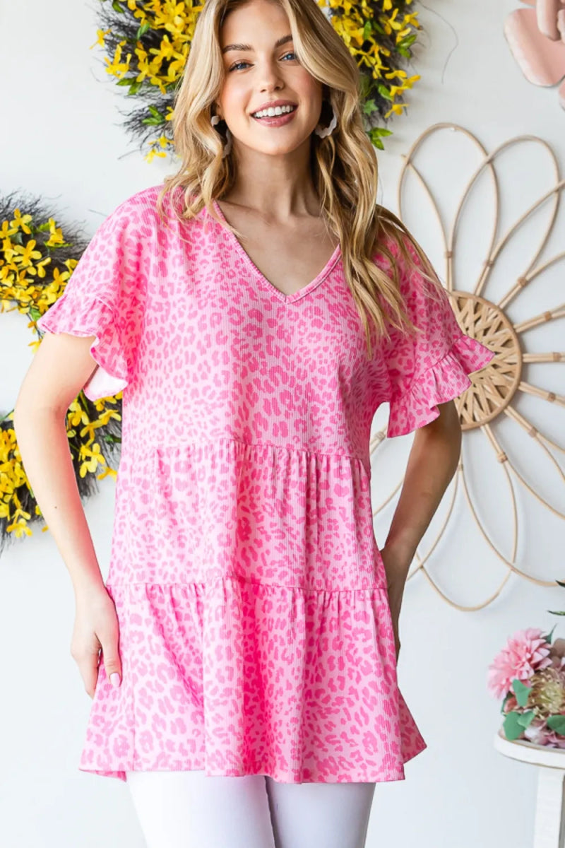 Heimish Full Size Leopard Ruffle Trim Short Sleeve Top - Love Salve 