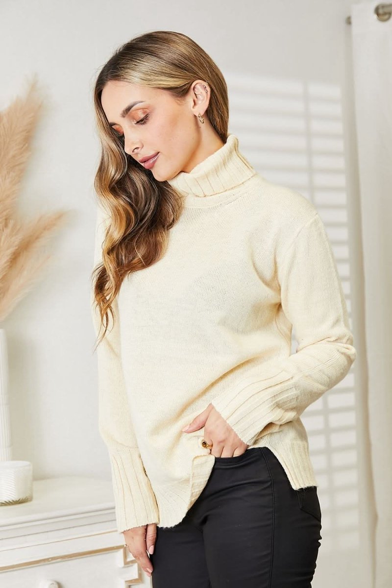 Heimish Full Size Long Sleeve Turtleneck Sweater with Side Slit - Love Salve 