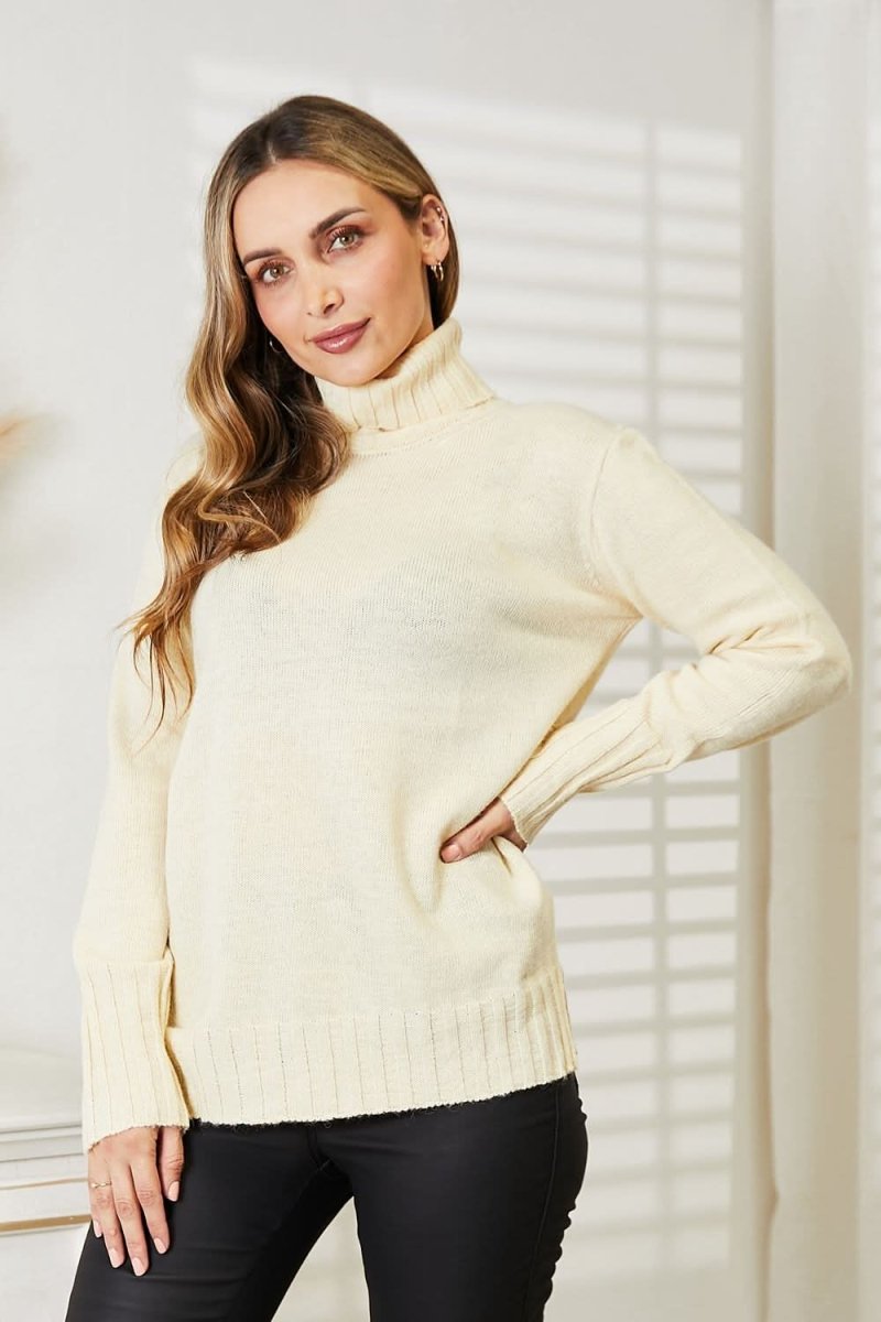 Heimish Full Size Long Sleeve Turtleneck Sweater with Side Slit - Love Salve 