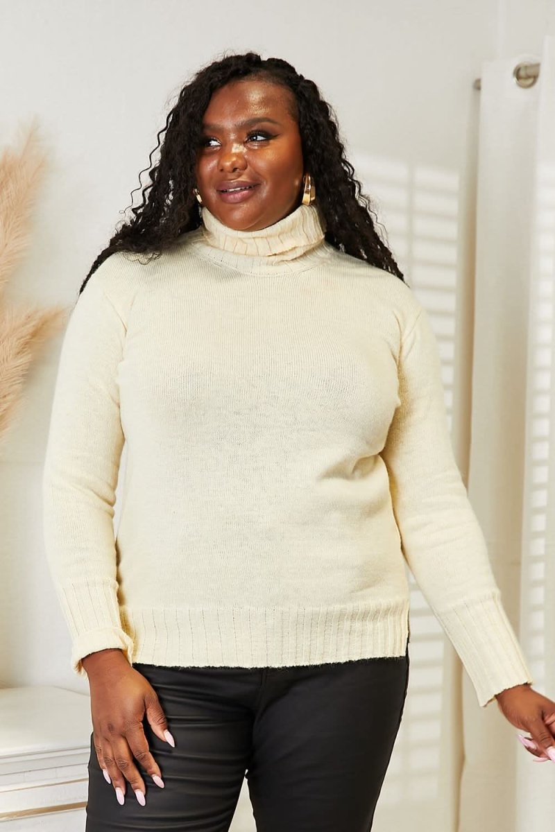 Heimish Full Size Long Sleeve Turtleneck Sweater with Side Slit - Love Salve 