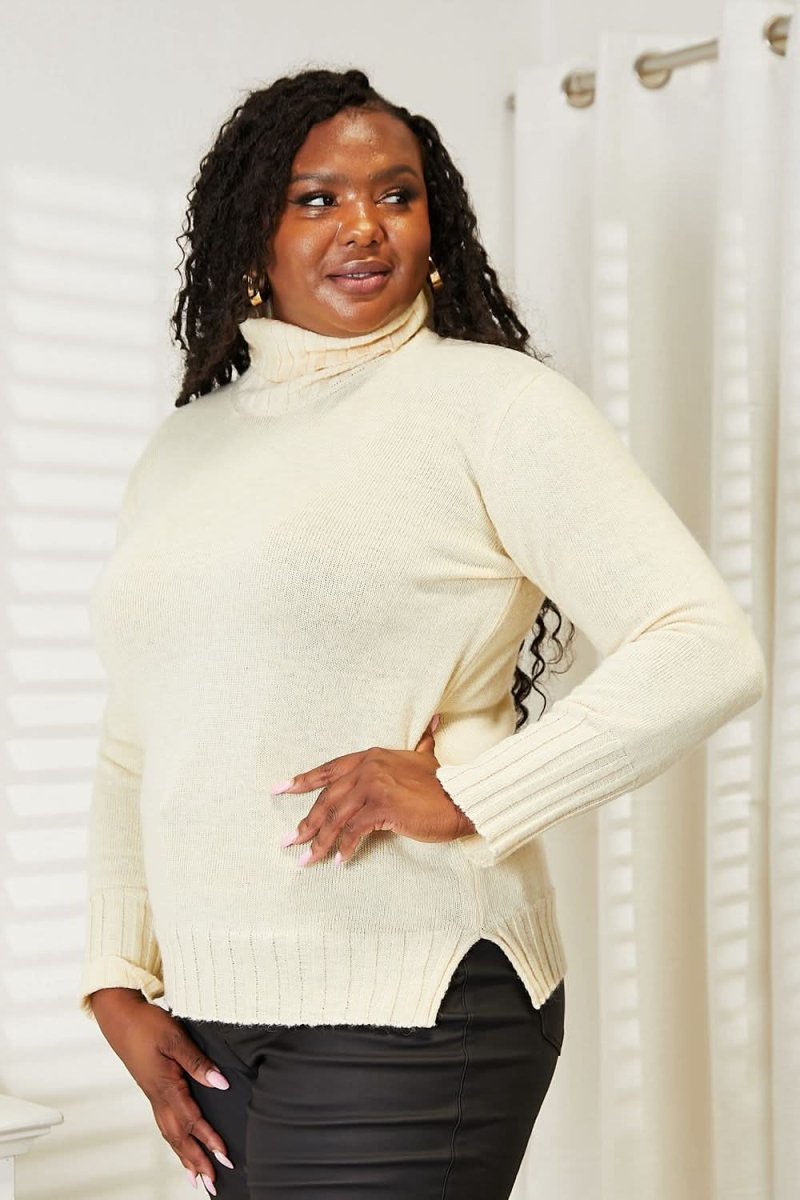 Heimish Full Size Long Sleeve Turtleneck Sweater with Side Slit - Love Salve 