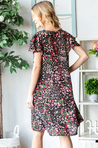 Heimish Full Size Printed Ruffled Short Sleeve Dress with Pockets - Love Salve
