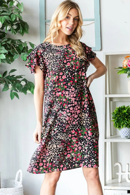 Heimish Full Size Printed Ruffled Short Sleeve Dress with Pockets - Love Salve