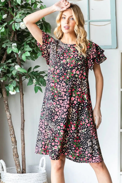 Heimish Full Size Printed Ruffled Short Sleeve Dress with Pockets - Love Salve
