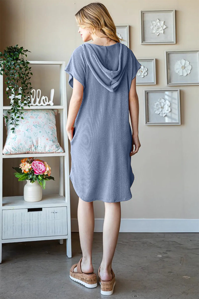 Heimish Full Size Ribbed Short Sleeve Hooded Dress Women - Love Salve 