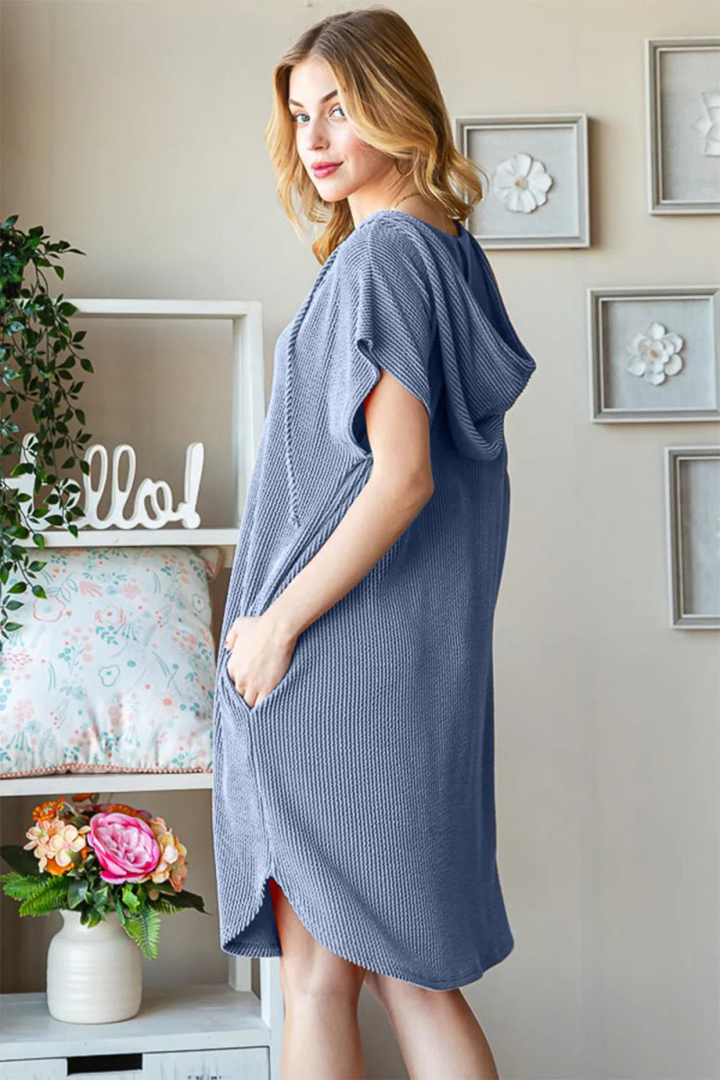 Heimish Full Size Ribbed Short Sleeve Hooded Dress Women - Love Salve 