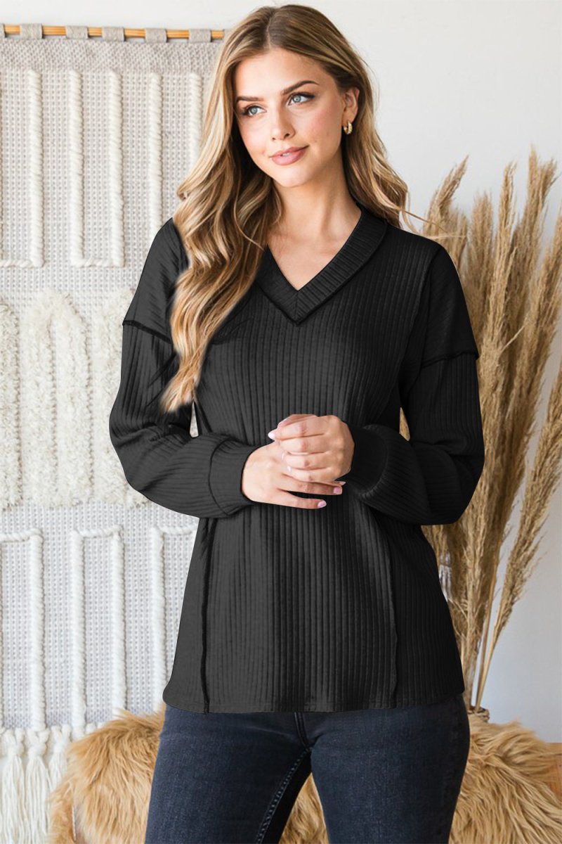 Heimish Full Size Ribbed V-Neck Exposed Seam Top Women - Love Salve 