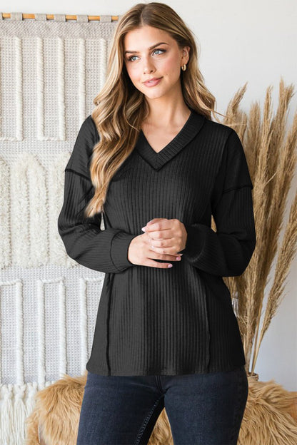 Heimish Full Size Ribbed V-Neck Exposed Seam Top Women - Love Salve 