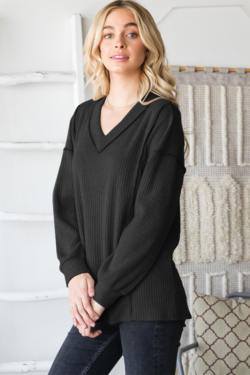 Heimish Full Size Ribbed V-Neck Exposed Seam Top Women - Love Salve 