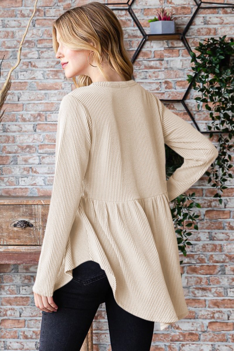 Heimish Full Size Round Neck Long Sleeve Ribbed Babydoll Top - Love Salve 