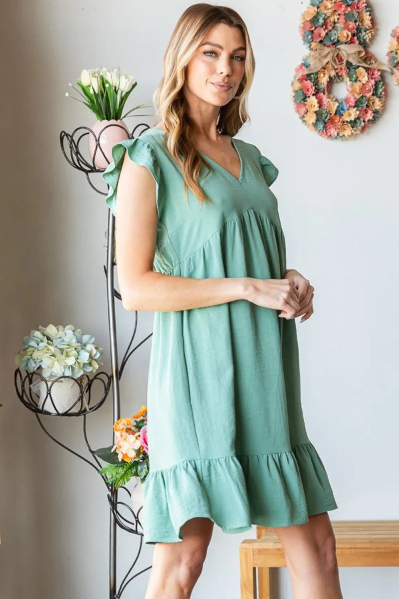 Heimish Full Size Short Sleeve V Neck Ruffled Hem Dress - Love Salve 