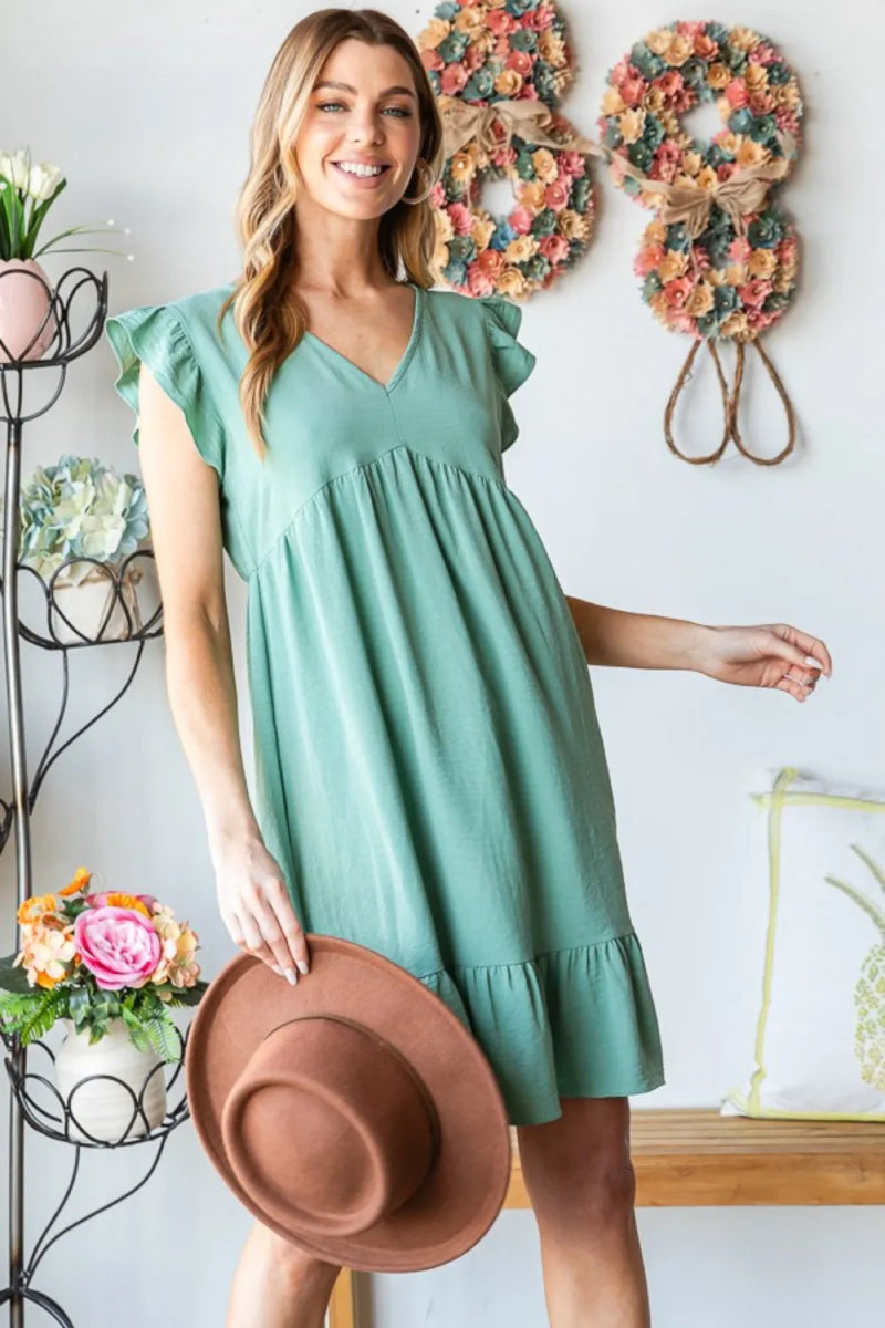 Heimish Full Size Short Sleeve V Neck Ruffled Hem Dress - Love Salve 