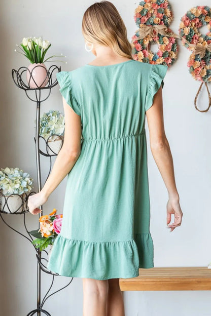 Heimish Full Size Short Sleeve V Neck Ruffled Hem Dress - Love Salve 