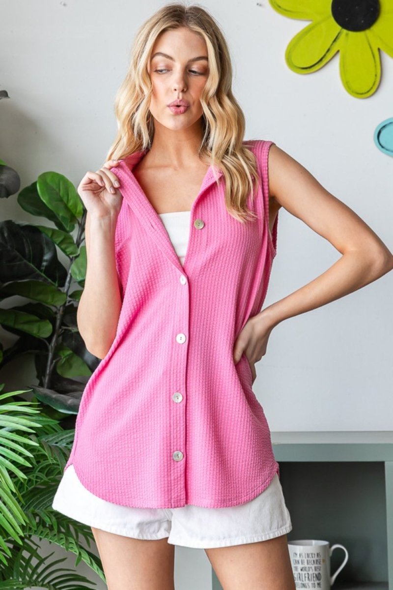 Heimish Full Size Texture Button Up Sleeveless Top for Women - Love Salve 