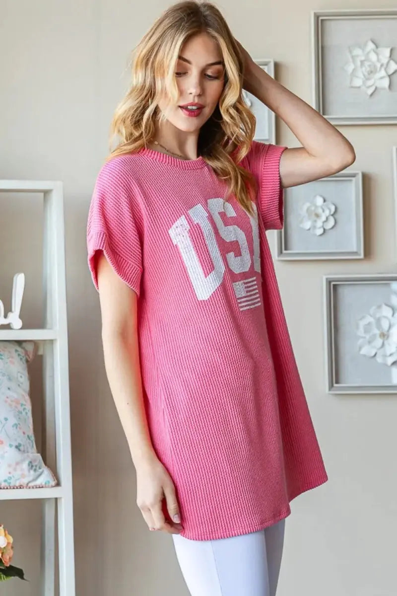 Heimish Full Size USA Graphic Short Sleeve Ribbed Top - Love Salve 
