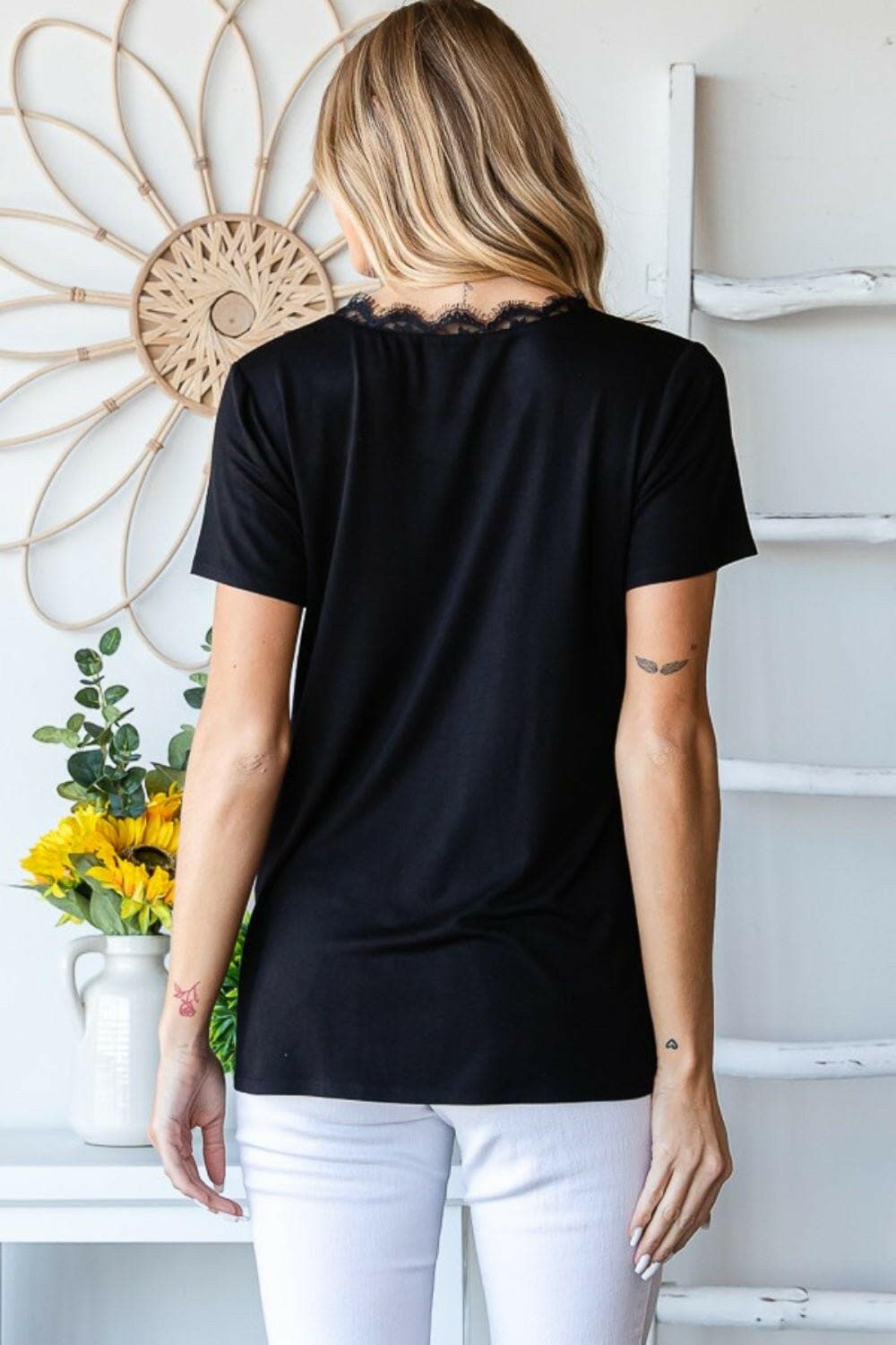 Lace Accent V-Neck Short Sleeve Tee by HeimishElevate Your Wardrobe with Heimish's Lace Accent V-Neck Short Sleeve Tee
 Transform your everyday look with the exquisite Lace Accent V-Neck Short Sleeve Tee from HeLove Salve -Neck Short Sleeve Teeusa