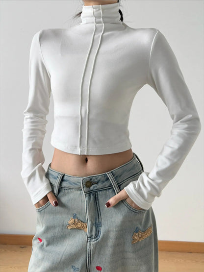 High Neck Long Sleeve Cropped T-Shirt - Love Salve