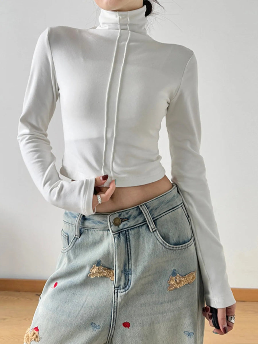 High Neck Long Sleeve Cropped T-Shirt - Love Salve