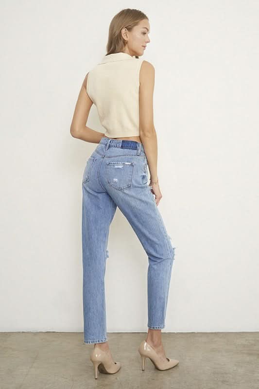 HIGH RISE DISTRESSED GIRLFRIEND JEANS - Love Salve 