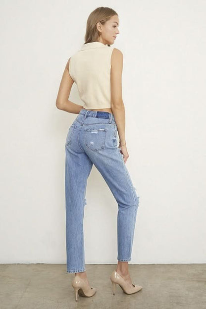 HIGH RISE DISTRESSED GIRLFRIEND JEANS - Love Salve 