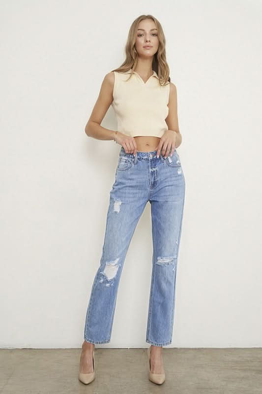 HIGH RISE DISTRESSED GIRLFRIEND JEANS - Love Salve 
