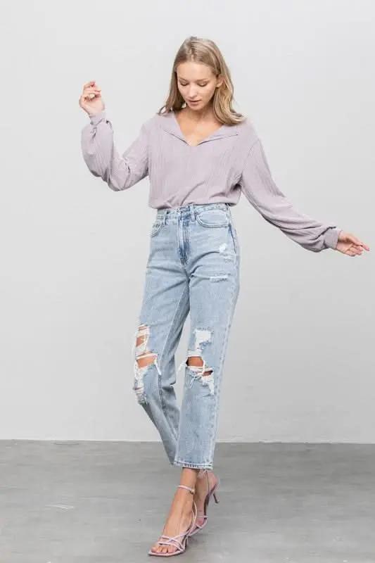 High Rise Ripped Girlfriend Jeans - Love Salve 