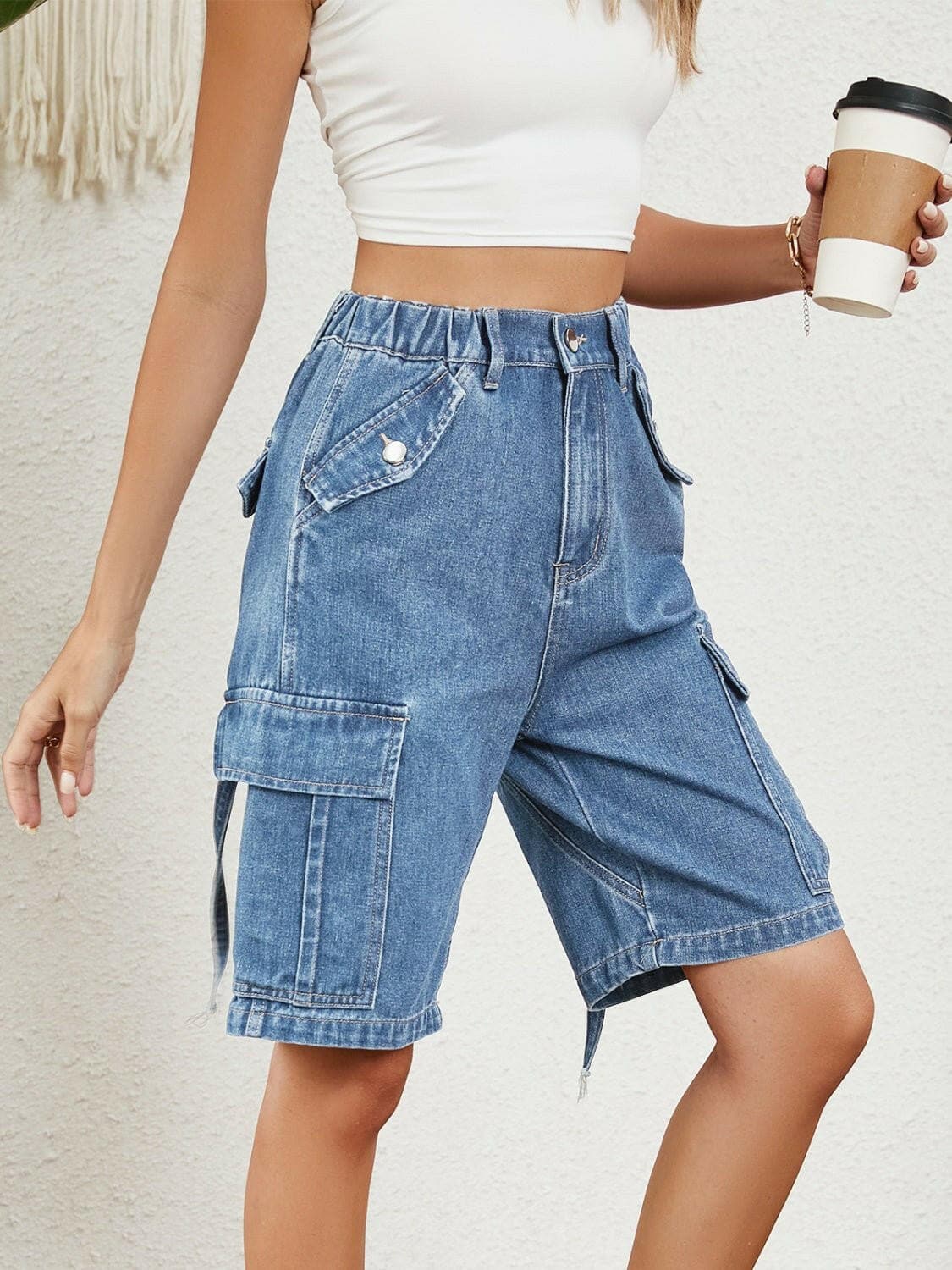 High Waist Denim Shorts with Pockets - Love Salve