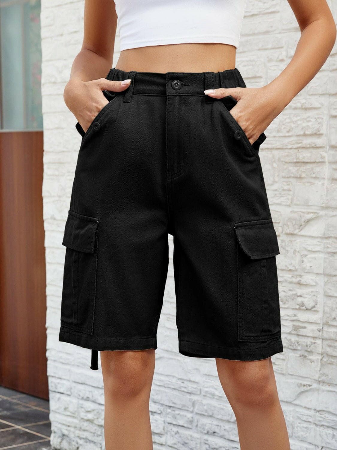 High Waist Denim Shorts with Pockets - Love Salve