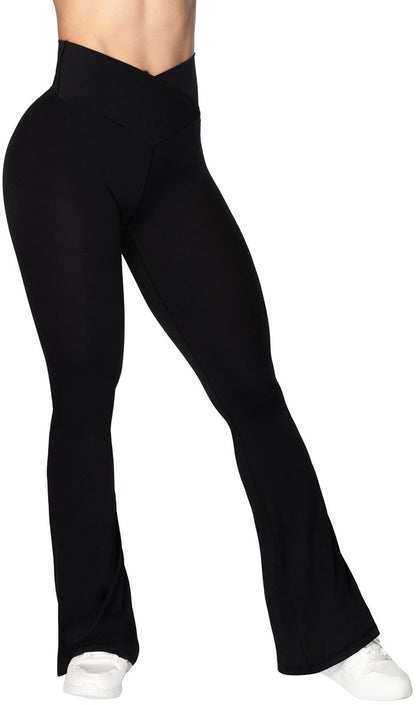 High-Waisted Flare Leggings with Tummy Control - Stylish Crossover Yoga Pants - Love Salve 
