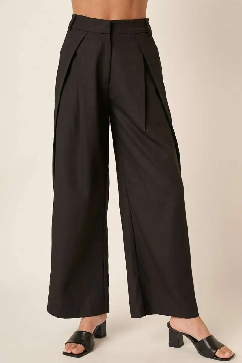 High-Waisted Linen Blend Wide Leg Trousers with Deep Pleats - Love Salve 