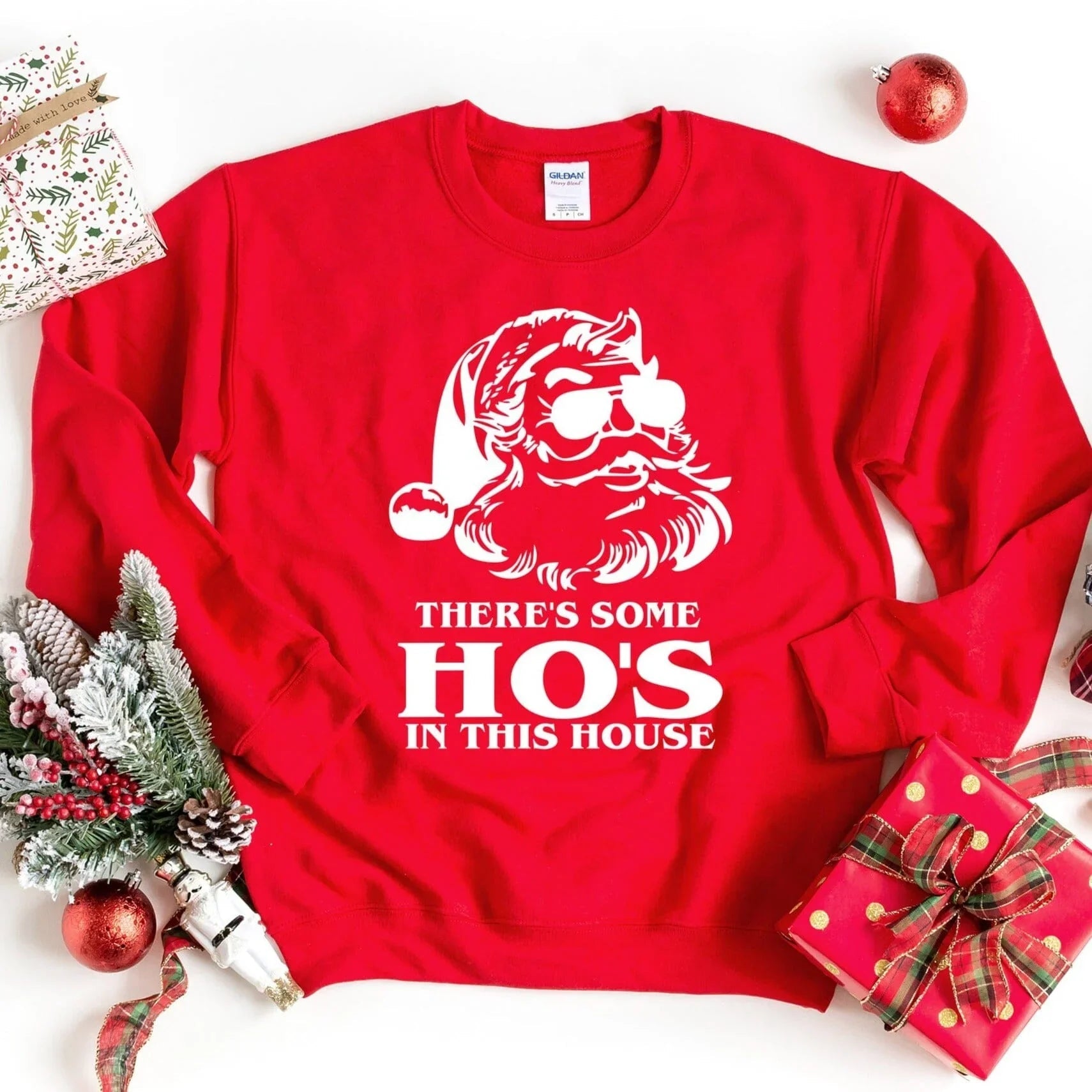 Adorb Custom Tees Ho's In This House Sweatshirt in a festive red, a funny Santa Christmas top for holiday parties.