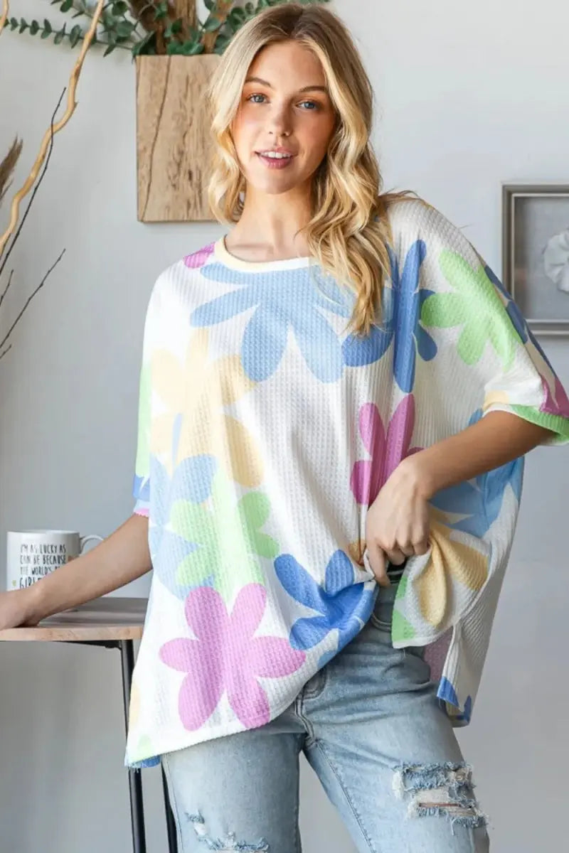 HOPELY Floral Round Neck Waffle T-Shirt for Women - Love Salve 