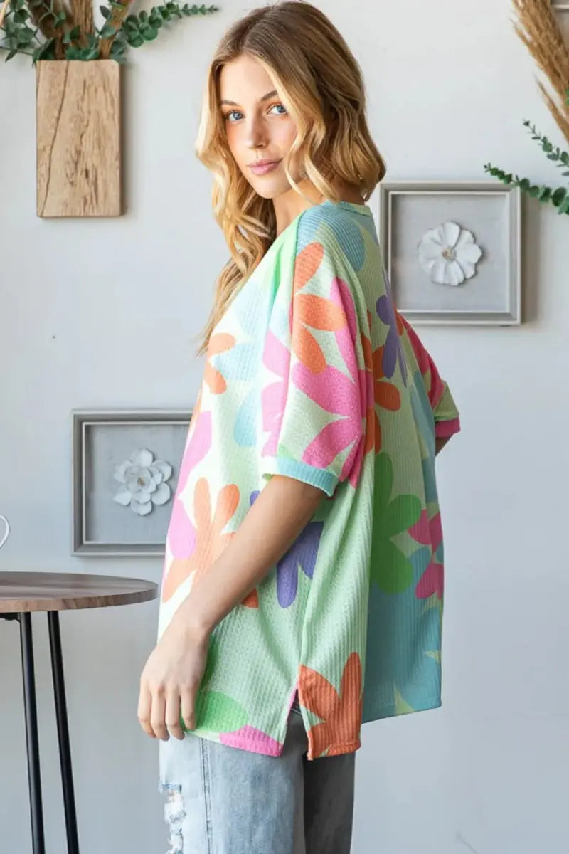 HOPELY Floral Round Neck Waffle T-Shirt for Women - Love Salve 