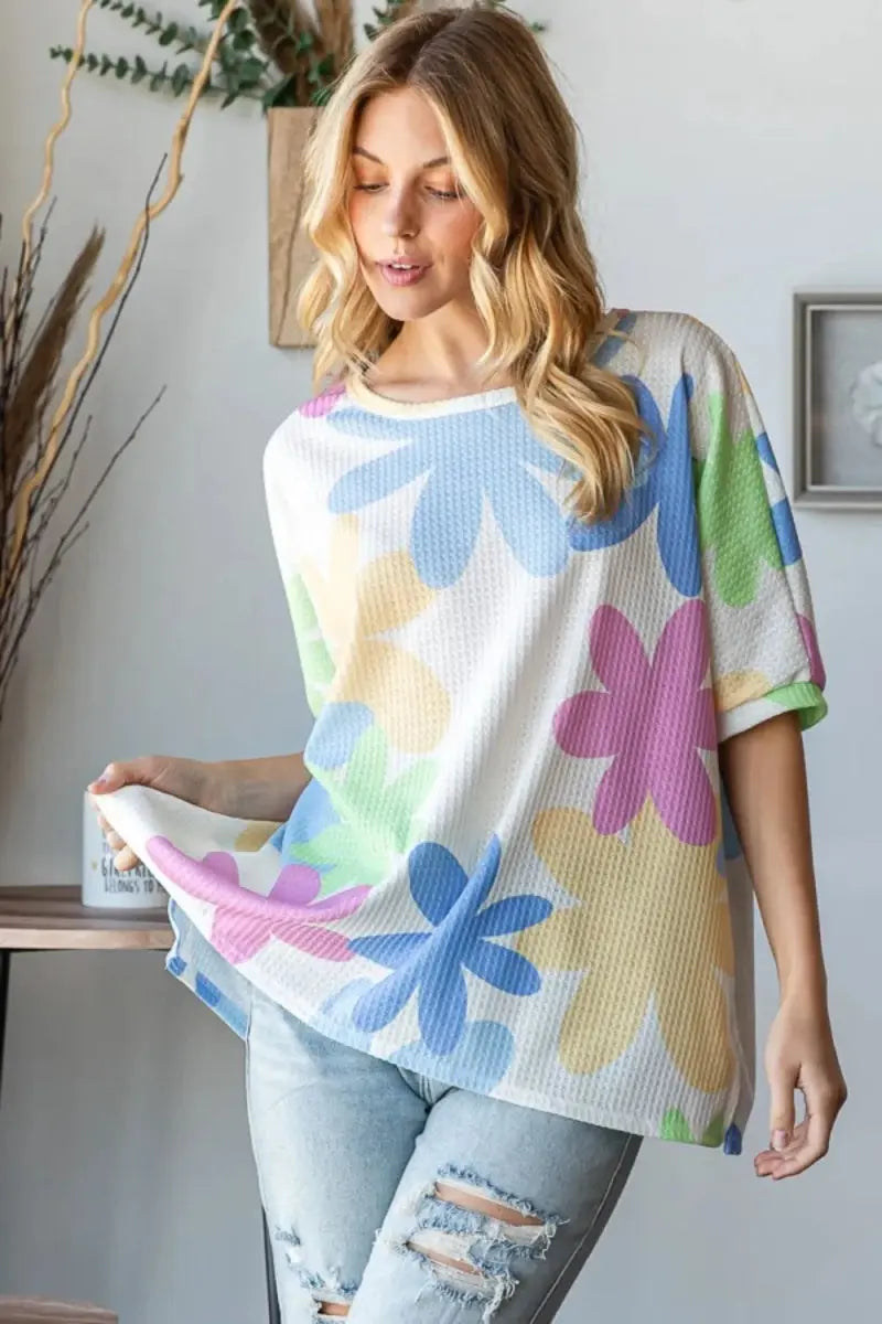 HOPELY Floral Round Neck Waffle T-Shirt for Women - Love Salve 