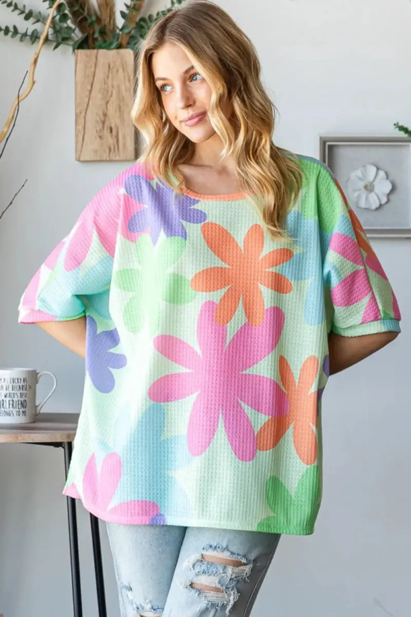 HOPELY Floral Round Neck Waffle T-Shirt for Women - Love Salve 