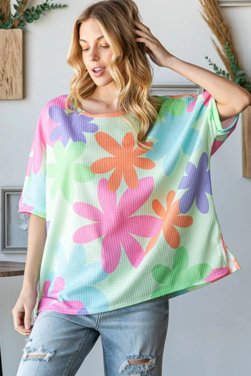 HOPELY Floral Round Neck Waffle T-Shirt for Women - Love Salve 