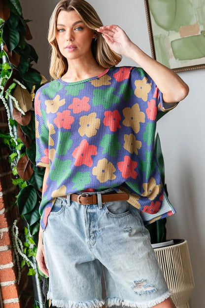 HOPELY Full Size Floral Round Neck Side Slit T-Shirt for Women - Love Salve 