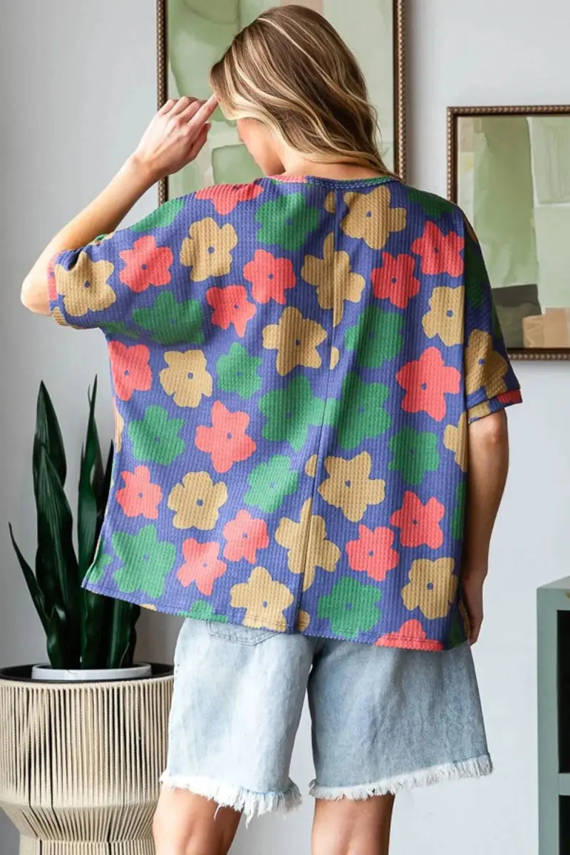 HOPELY Full Size Floral Round Neck Side Slit T-Shirt for Women - Love Salve 